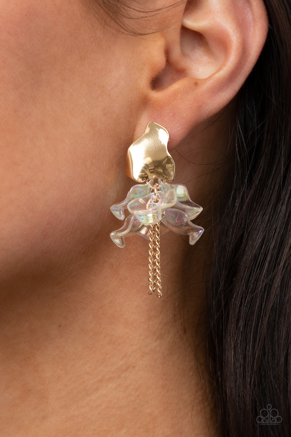 Harmonically Holographic Gold Paparazzi Earring Cashmere Pink Jewels